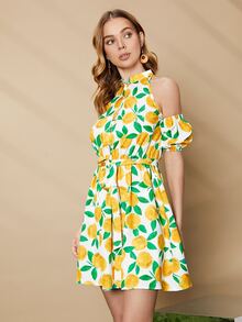 SHEIN Fruit Print Cold Shoulder Puff Sleeve Belted Dress - Multicolor - View 3