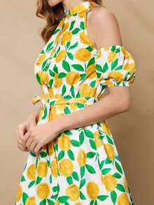 SHEIN Fruit Print Cold Shoulder Puff Sleeve Belted Dress - Multicolor - View 5