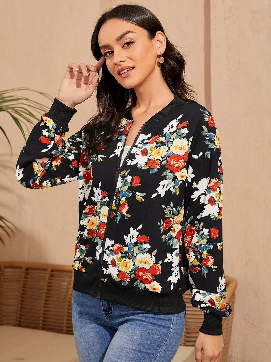 SHEIN Áo khoác nữ Dây kéo Hoa Giải trí - Nhiều màu - Xem 1