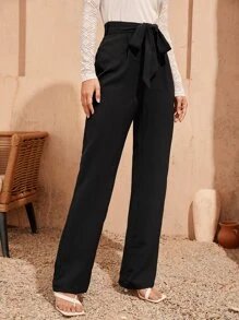 SHEIN Pantalones Rectos Con Cintura Alta Y Cinturón - Negro - Ver 2