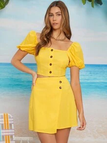 Puff Sleeve Button Front Top & Wrap Skirt - Yellow - View 1
