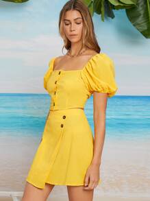 Puff Sleeve Button Front Top & Wrap Skirt - Yellow - View 3