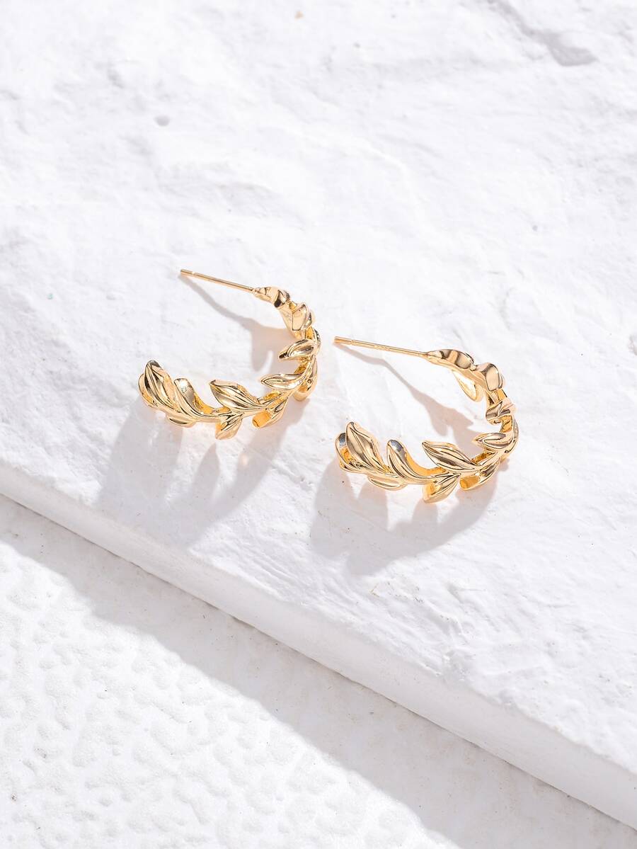 Mở Hoop Hoa tai Thiết kế lá - Vàng - Xem 1