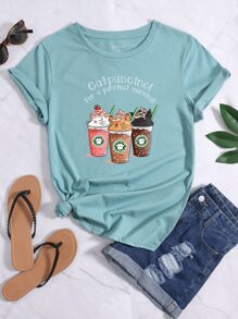 SHEIN LUNE Camiseta con estampado de slogan y dibujos animados - Azul Cadete - Ver 1