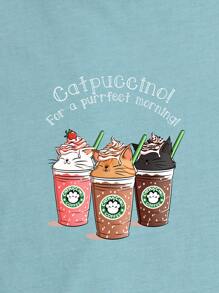 SHEIN LUNE Camiseta con estampado de slogan y dibujos animados - Azul Cadete - Ver 3