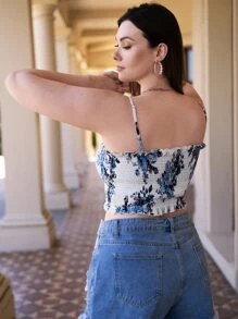 大碼印花褶邊打褶吊帶短上衣 - 白色 - 查看 2