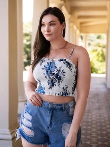 大碼印花褶邊打褶吊帶短上衣 - 白色 - 查看 5