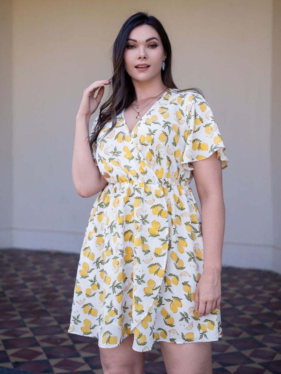 Plus Allover Lemon Print Butterfly Sleeve Dress - Multicolor - View 1