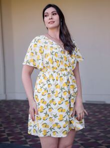 Plus Allover Lemon Print Butterfly Sleeve Dress - Multicolor - View 3