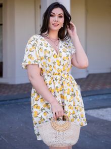 Plus Allover Lemon Print Butterfly Sleeve Dress - Multicolor - View 5