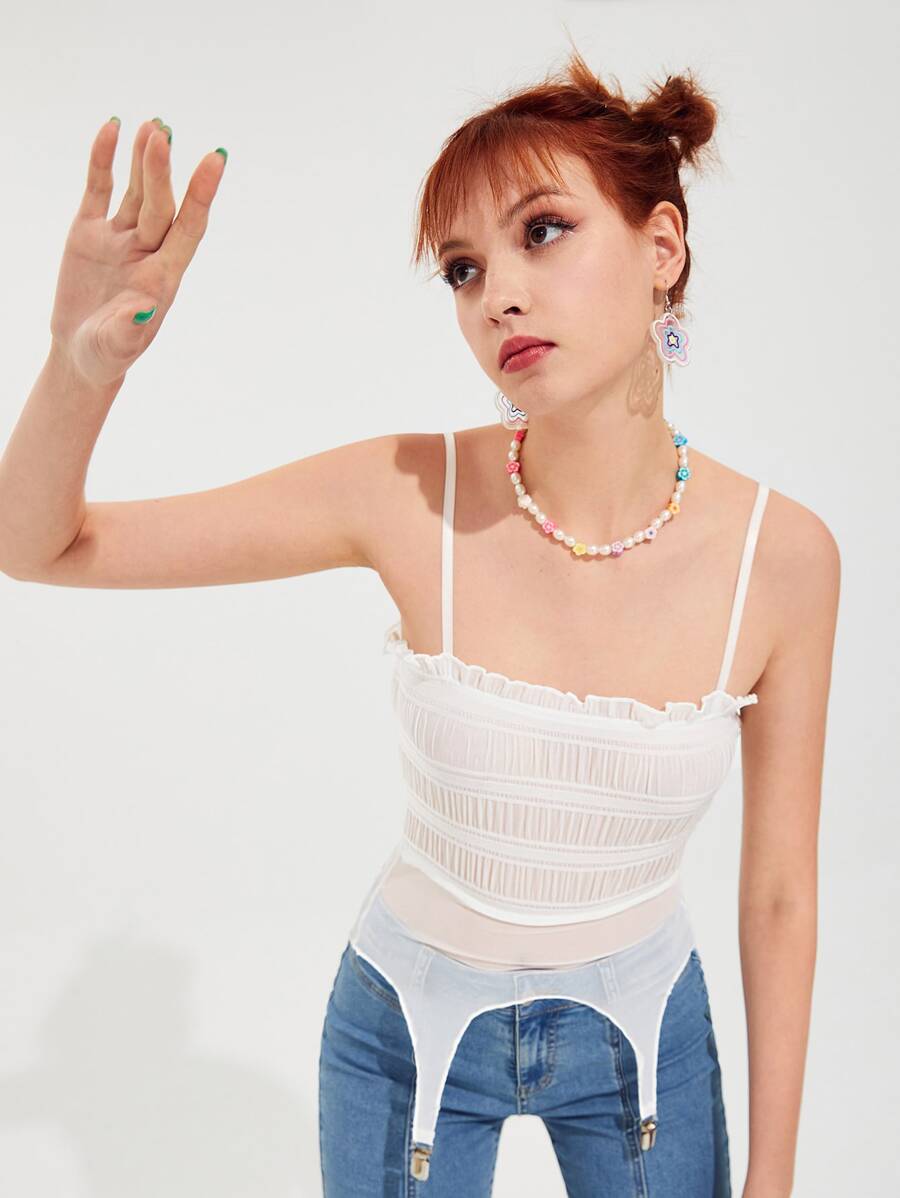 SHEIN 褶邊打褶背帶下擺吊帶上衣 - 白色 - 查看 1