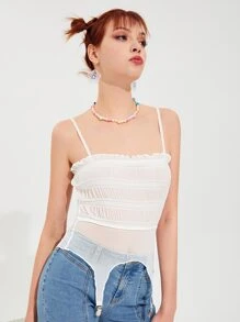 SHEIN 褶邊打褶背帶下擺吊帶上衣 - 白色 - 查看 6