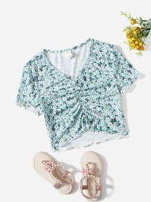 SHEIN Teen Girls Ditsy Floral Lettuce Trim Ruched Tee - Multicolor - View 1