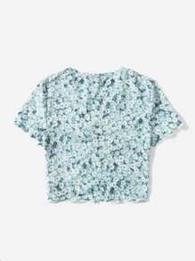SHEIN Teen Girls Ditsy Floral Lettuce Trim Ruched Tee - Multicolor - View 2