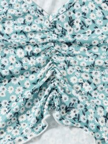 SHEIN Teen Girls Ditsy Floral Lettuce Trim Ruched Tee - Multicolor - View 4