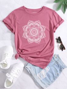 SHEIN LUNE 曼陀羅印花圓領T恤 - 藕粉色 - 查看 1