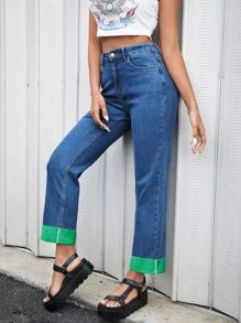 SHEIN Quần jean nữ Nút Túi Dây kéo Khối Màu - Rửa trung bình - Xem 1