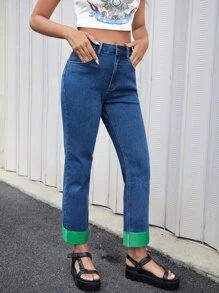 SHEIN Quần jean nữ Nút Túi Dây kéo Khối Màu - Rửa trung bình - Xem 4