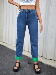 SHEIN Quần jean nữ Nút Túi Dây kéo Khối Màu - Rửa trung bình - Xem 5