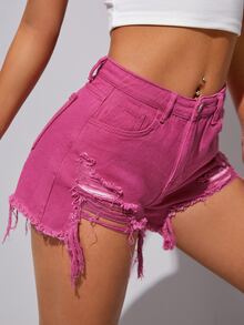 SHEIN Shorts en mezclilla desgarro bajo crudo - Rosa Fucsia - Ver 4