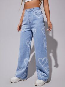 SHEIN EZwear High Waist Heart Print Wide Leg Jeans - Light Wash - View 1