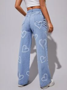 SHEIN EZwear High Waist Heart Print Wide Leg Jeans - Light Wash - View 2