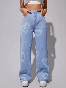 SHEIN EZwear High Waist Heart Print Wide Leg Jeans - Light Wash - View 3