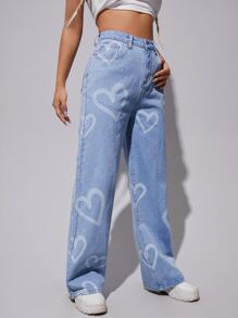 SHEIN EZwear High Waist Heart Print Wide Leg Jeans - Light Wash - View 4