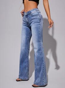 SHEIN Slant Pocket Bootcut Leg Jeans - Medium Wash - View 4