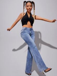 SHEIN Slant Pocket Bootcut Leg Jeans - Medium Wash - View 5