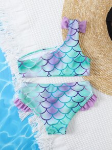 女婴鱼鳞蝴蝶结肩部沙滩装夏季海滩 - 彩色 - 查看 2