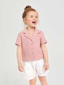 SHEIN Áo sơ mi bé gái Nút phía trước màu trơn Giải trí - Bụi hồng - Xem 5