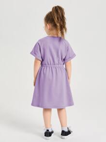 SHEIN 小女童翻折袖彈性腰帶素色連衣裙 - 紫丁香色 - 查看 2