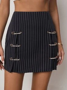 Vertical Striped Safety Pin Detail Skirt - Black - View 3