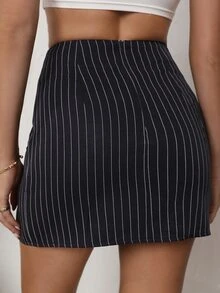 Vertical Striped Safety Pin Detail Skirt - Black - View 2