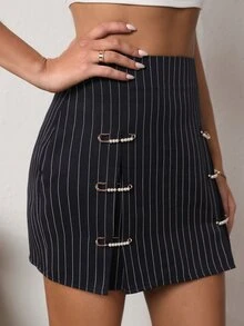 Vertical Striped Safety Pin Detail Skirt - Black - View 4