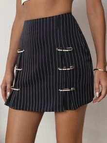 Vertical Striped Safety Pin Detail Skirt - Black - View 5