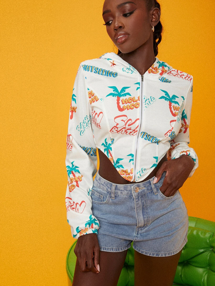SHEINNeu 字母和棕櫚樹印花手帕下擺拉鍊短款連帽衫 - 白色 - 查看 1