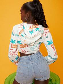 SHEINNeu 字母和棕櫚樹印花手帕下擺拉鍊短款連帽衫 - 白色 - 查看 2