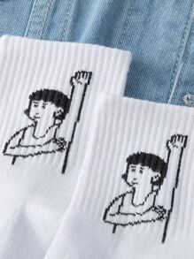 1雙女士有趣且獨特的手繪卡通角色設計中筒襪 - 白色 - 查看 2