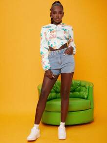 SHEINNeu 字母和棕櫚樹印花手帕下擺拉鍊短款連帽衫 - 白色 - 查看 3