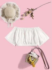 女孩一字肩褶邊短款襯衫 - 白色 - 查看 1