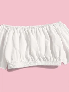 女孩一字肩褶邊短款襯衫 - 白色 - 查看 3