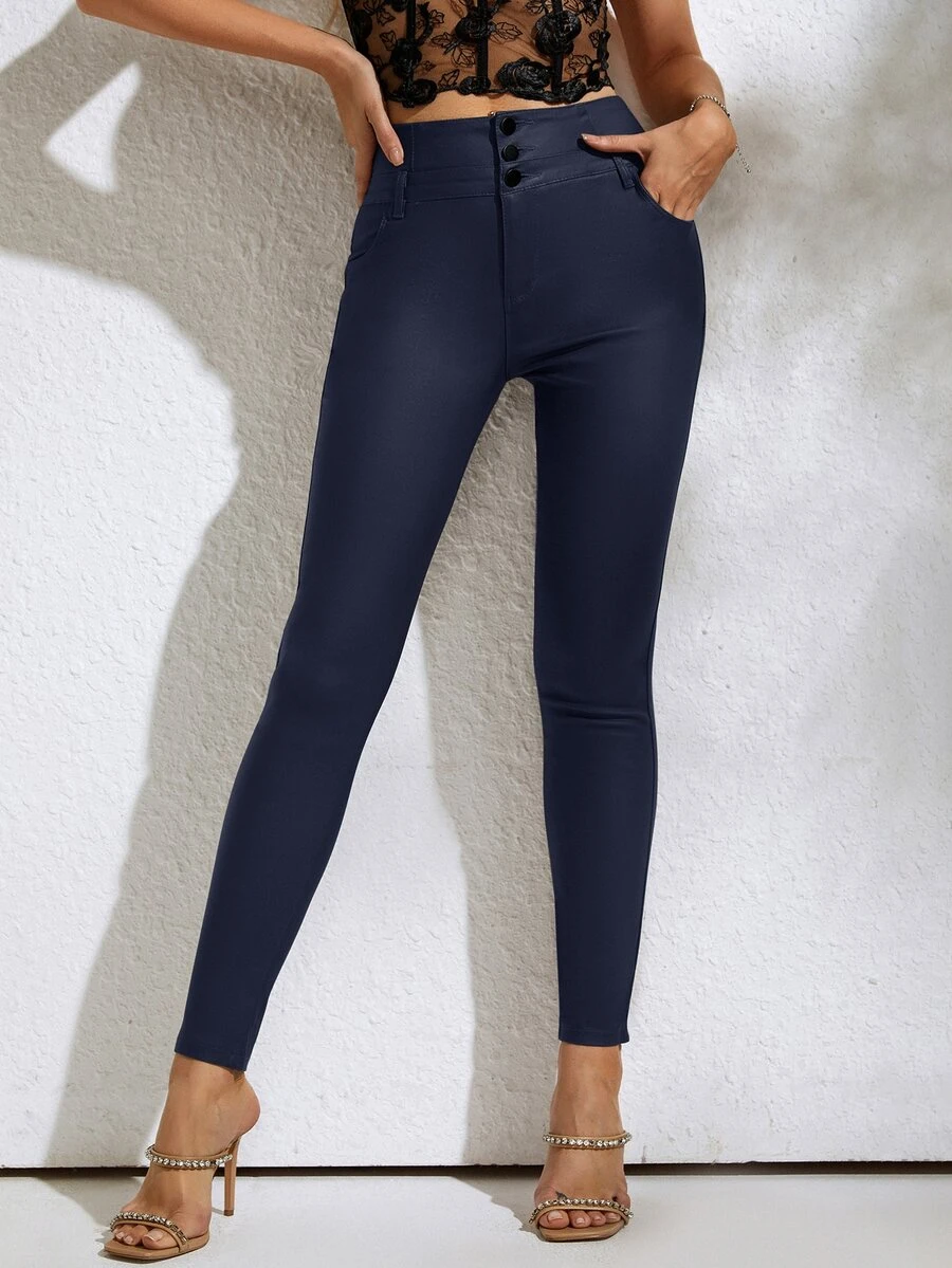 皮革外觀鈕扣前褲 - 藏蓝色 - 查看 1