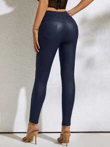 皮革外觀鈕扣前褲 - 藏蓝色 - 查看 2