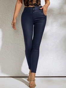 皮革外觀鈕扣前褲 - 藏蓝色 - 查看 3