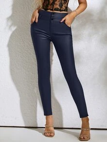 皮革外觀鈕扣前褲 - 藏蓝色 - 查看 5