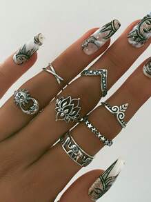 7pcs Star Detail Ring - Antique Silver - View 1