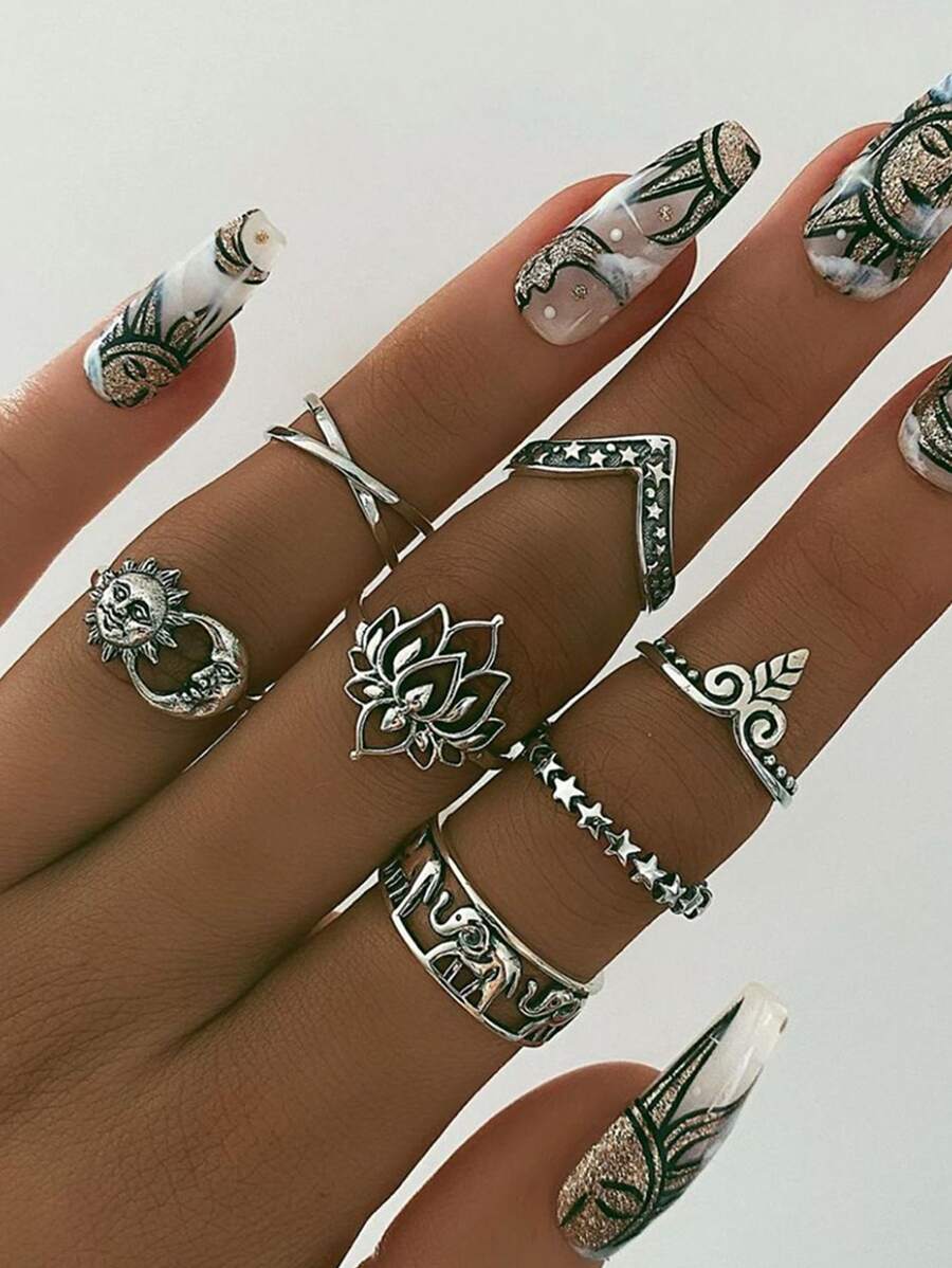 7pcs Star Detail Ring - Antique Silver - View 1