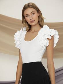 Firerie Ruffle Trim Scoop Neck Tee - White - View 5